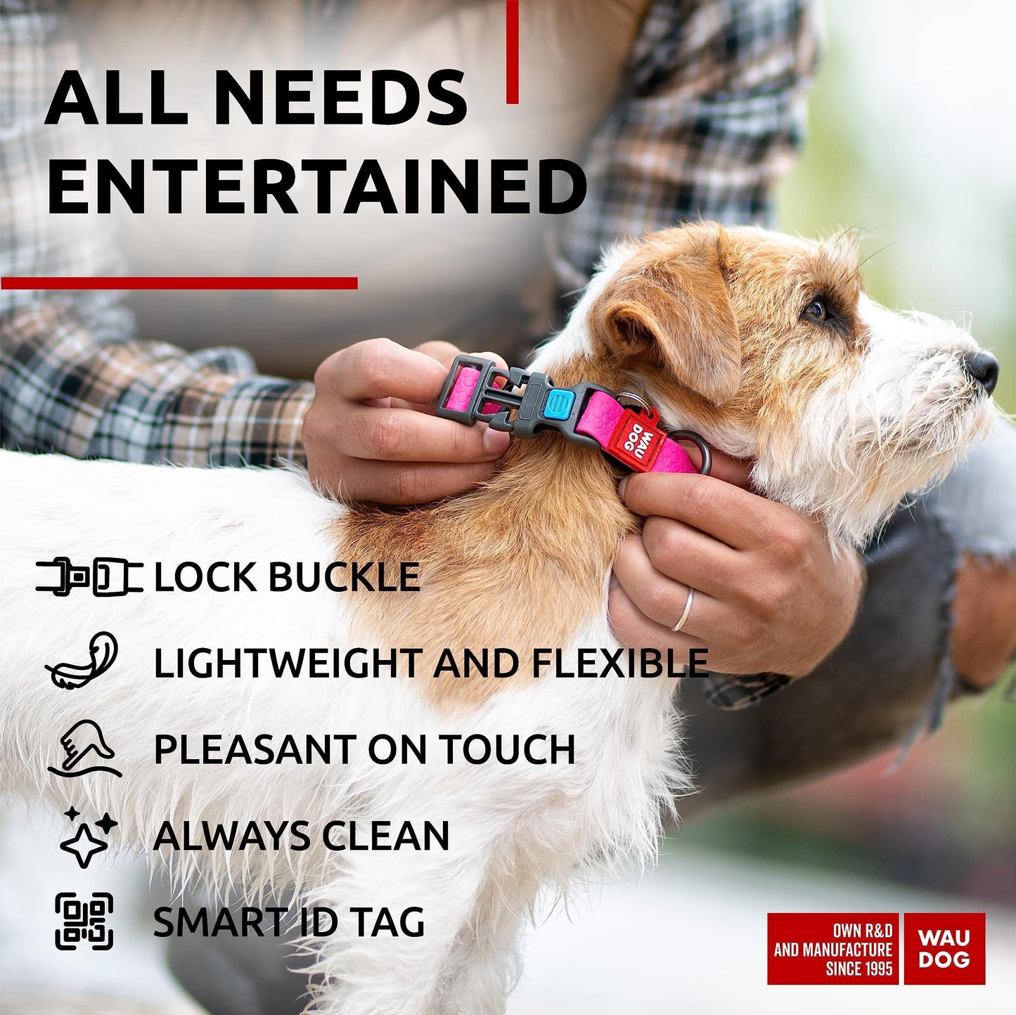 WAUDOG Adjustable Waterproof Dog Collar with Plastic Buckle and QR Dog Tag. PINK. SMALL For Pet With Love