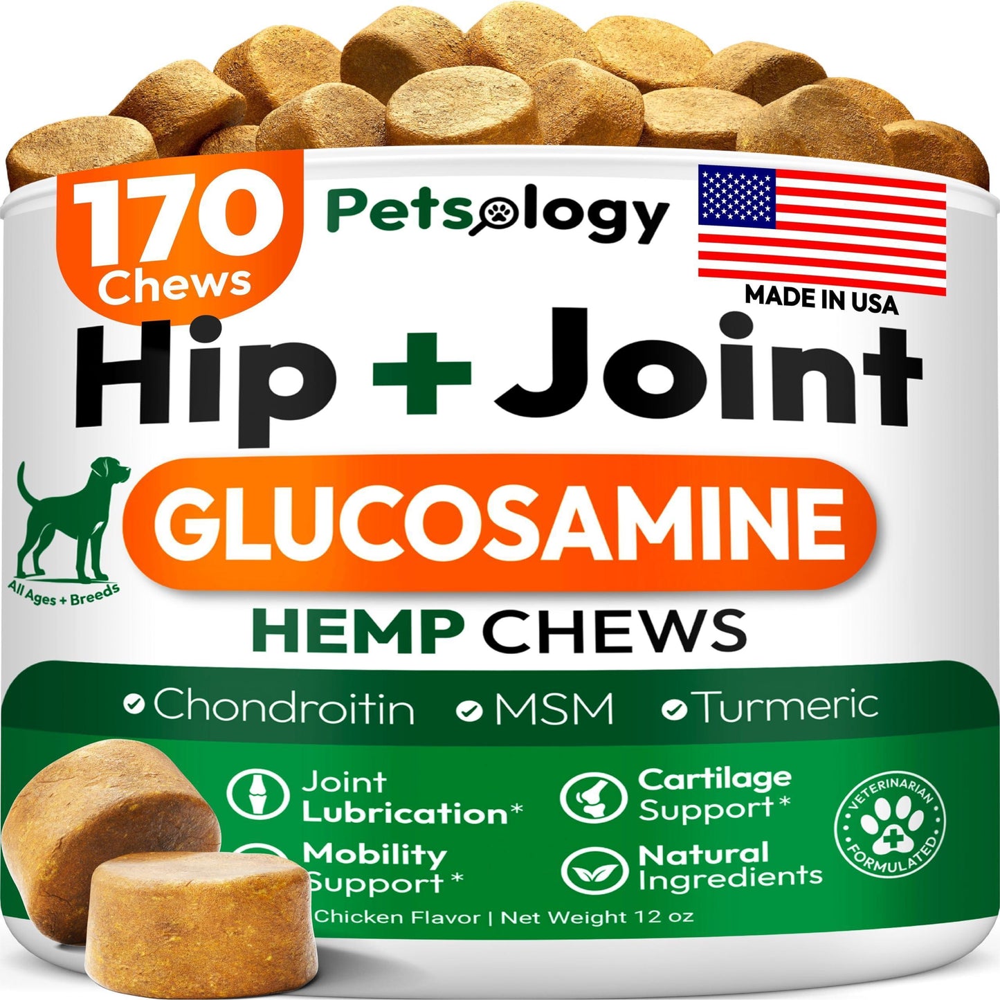 PETSOLOGY Hemp Hip and Joint Mobility Support Supplement for Dogs 170 Chews For Pet With Love