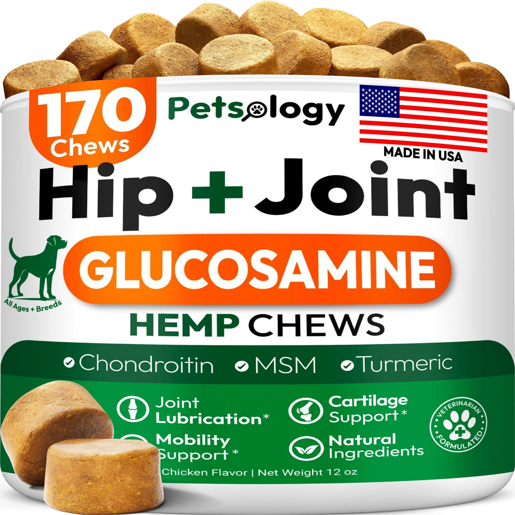 PETSOLOGY Hemp Hip and Joint Mobility Support Supplement for Dogs 170 Chews For Pet With Love