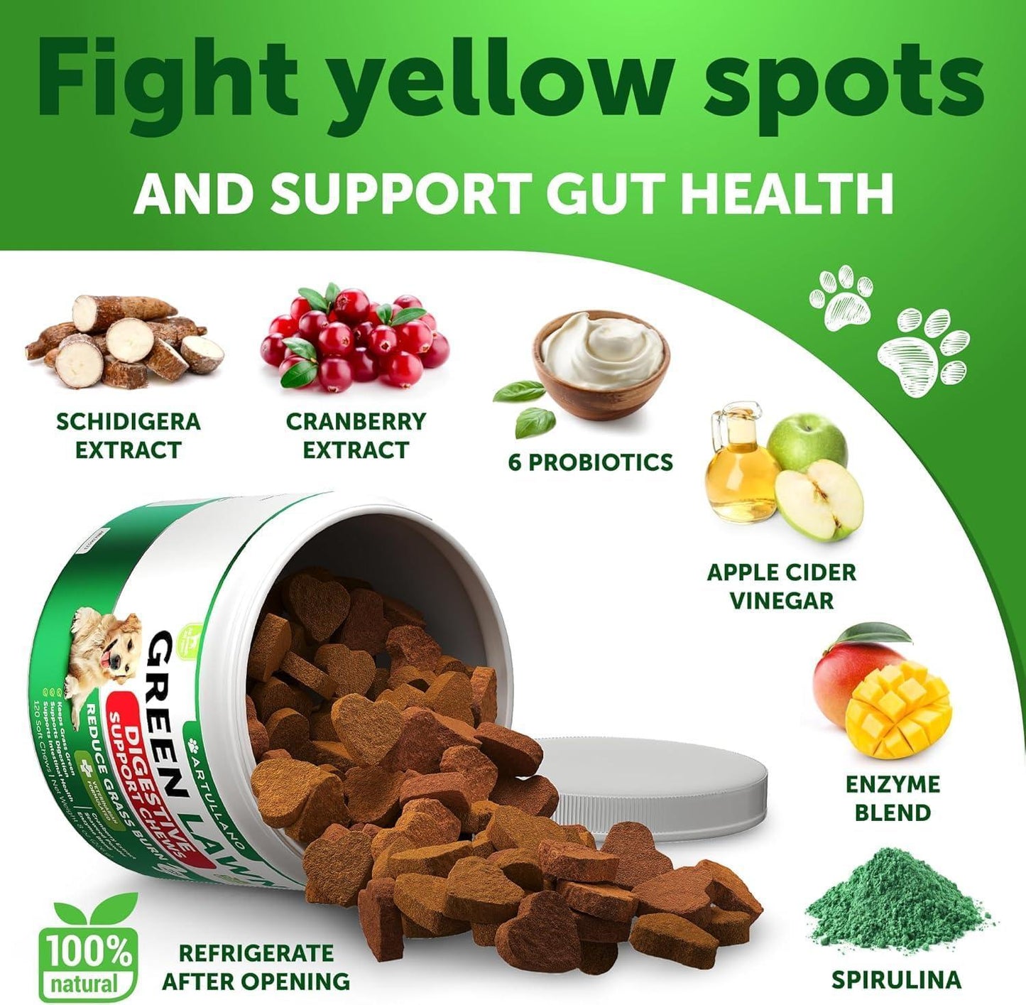 Artullano Dog Probiotics Digestive Enzymes & Urine Neutralizer for Green Lawn 120 Chews For Pet With Love