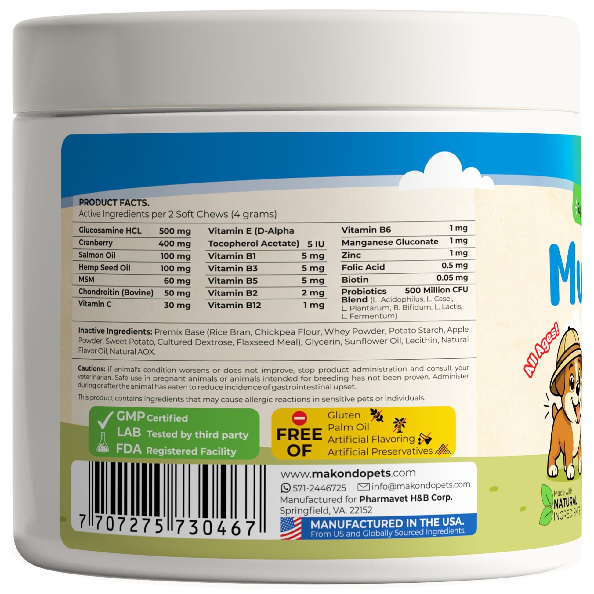 Makondo Pets 12 in 1 Dog Multivitamin complex for Dogs with Glucosamine Joint Support, Gut Digestive Enzymes & Probiotics, Cranberry Urinary Health & Vitamins for Energy. Skin, Coat, Liver & Immune Aid. 120 Soft Treats For Pet With Love