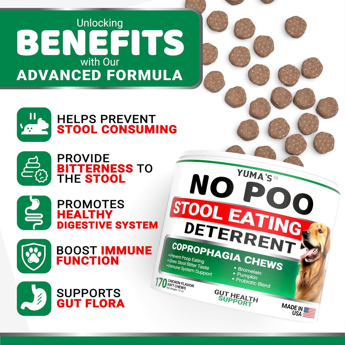 YUMA'S No Poo Coprophagia Deterrent Chews for Dogs. Probiotics & Digestive Enzymes Supplement. Made in USA. 170 Chews. For Pet With Love