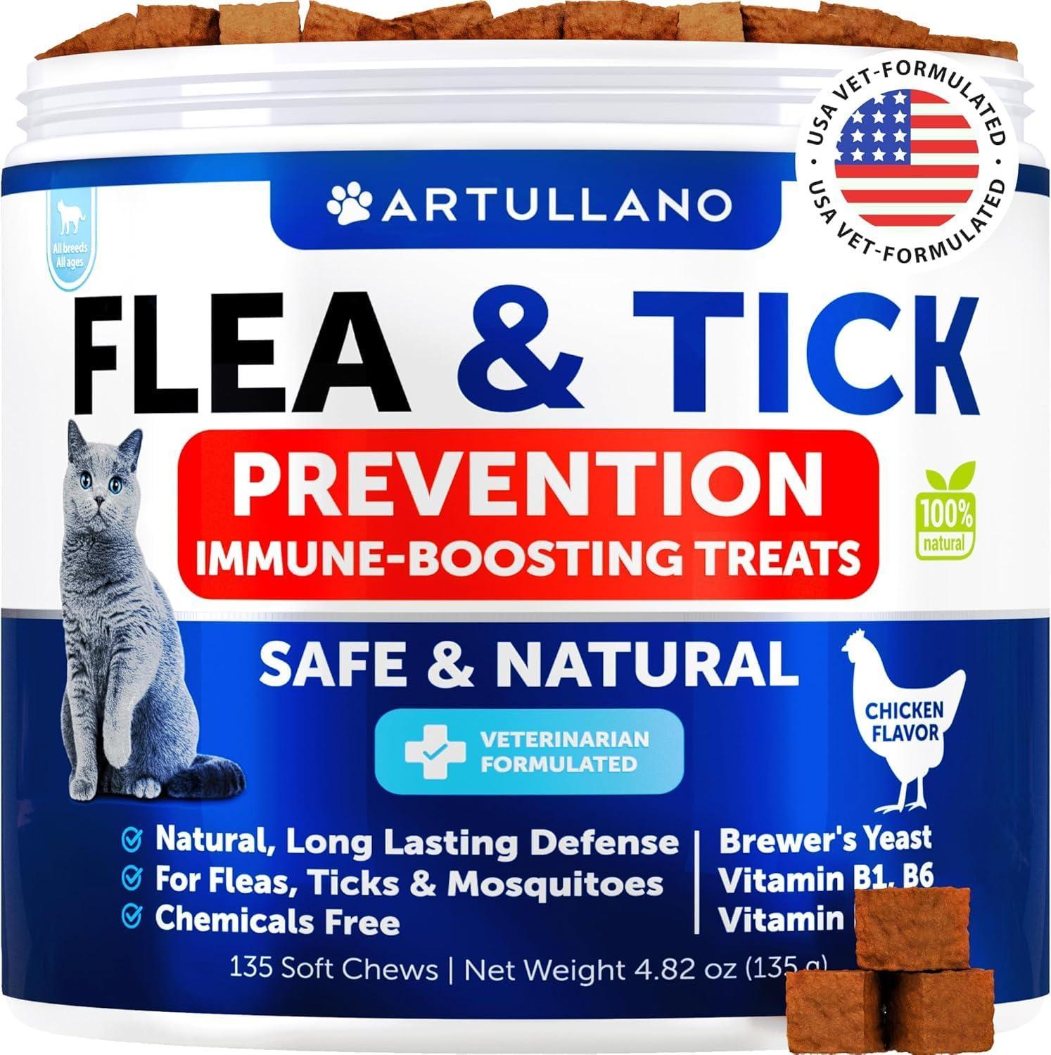 ARTULLANO Natural Flea and Tick Prevention Supplement for Cats. Chewable Daily Oral Pills with Vitamins (135 Soft Chews) Made in USA For Pet With Love