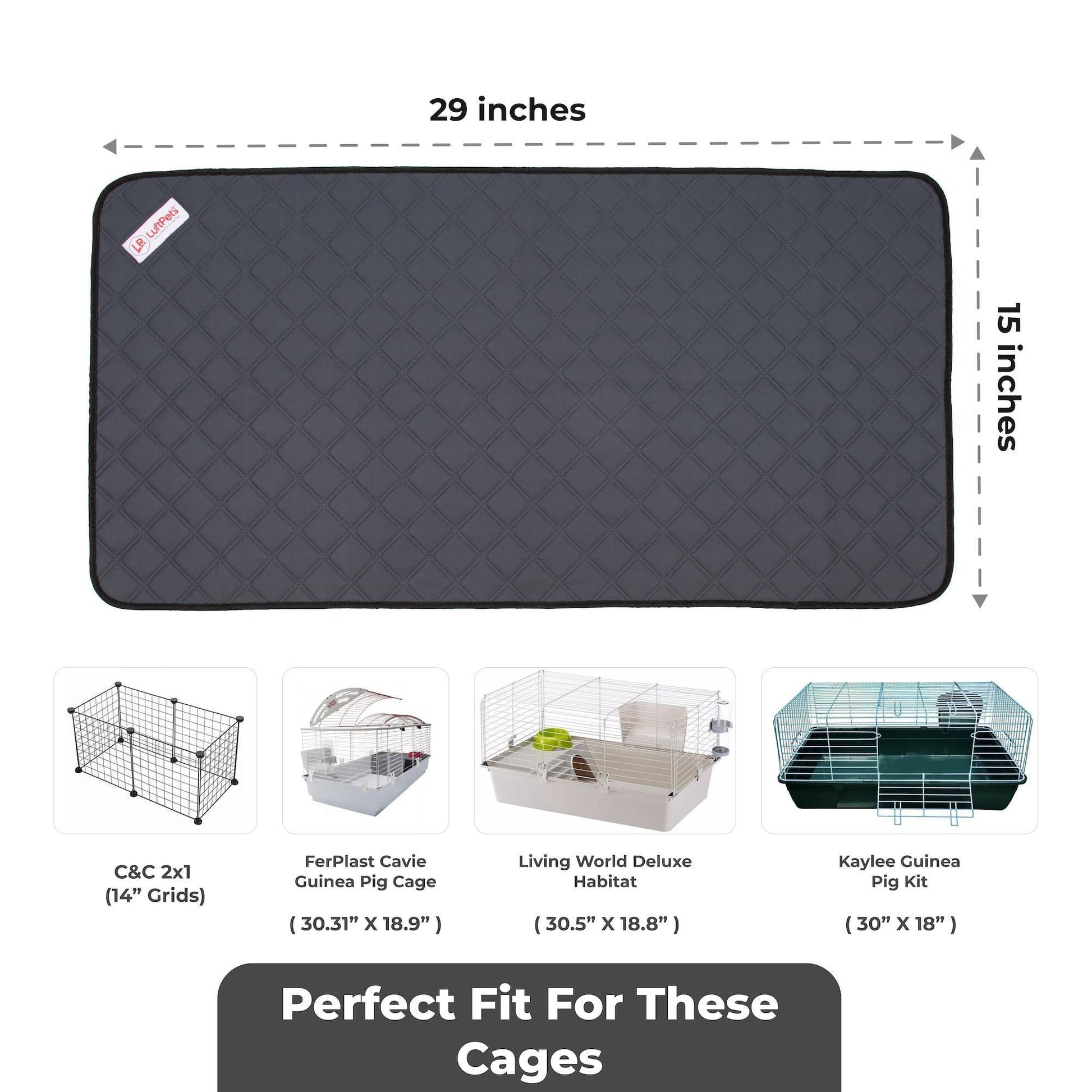 LUFTPETS Washable Small Animal Cage Liners for C&C 2'x1' (29x 15 ) Habitats. Easy to Clean, Absorbent, Waterproof & Non Slip. 4-Pack. For Pet With Love