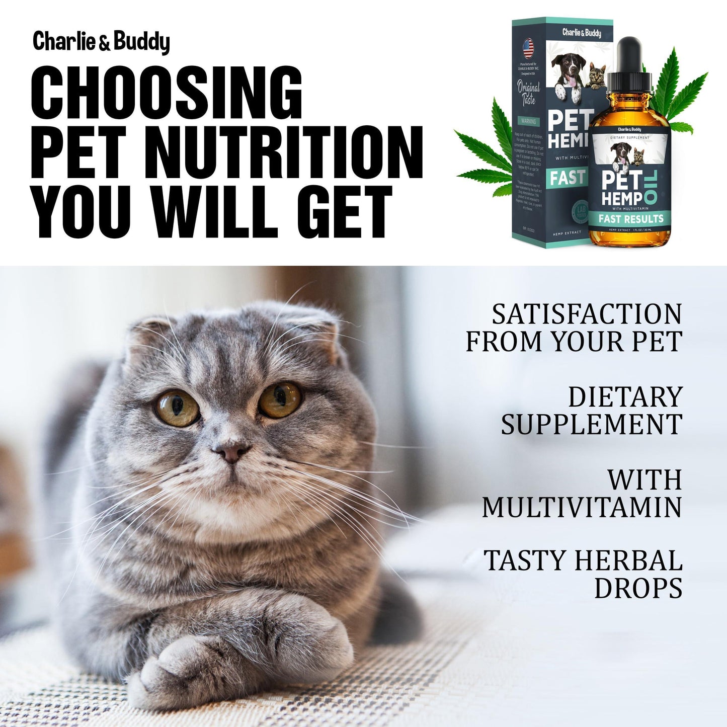 Charlie & Buddy Hemp Oil for Dogs and Cats Helps Pets with Anxiety, Pain, Stress, Sleep, Arthritis, Seizures Relief, Joint Health, Calming For Pet With Love