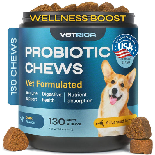 VETRICA Probiotic Digestive and Gut Health Immune System Support Supplement Chews for Dogs. Diarrhea and Bowel Support Supplement.  Made in USA. 130 Chews. For Pet With Love