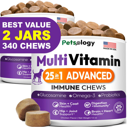 PETSOLOGY Multivitamin Chews for Dogs with Glucosamine, Omega 3 & Probiotics.  (2 Pack) 340 Chews For Pet With Love