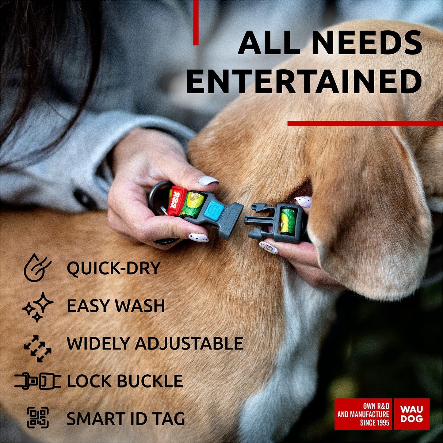 WAUDOG Nylon Adjustable Dog Collar with Durable Plastic Buckle and QR Dog Tag AVOCADO LARGE For Pet With Love