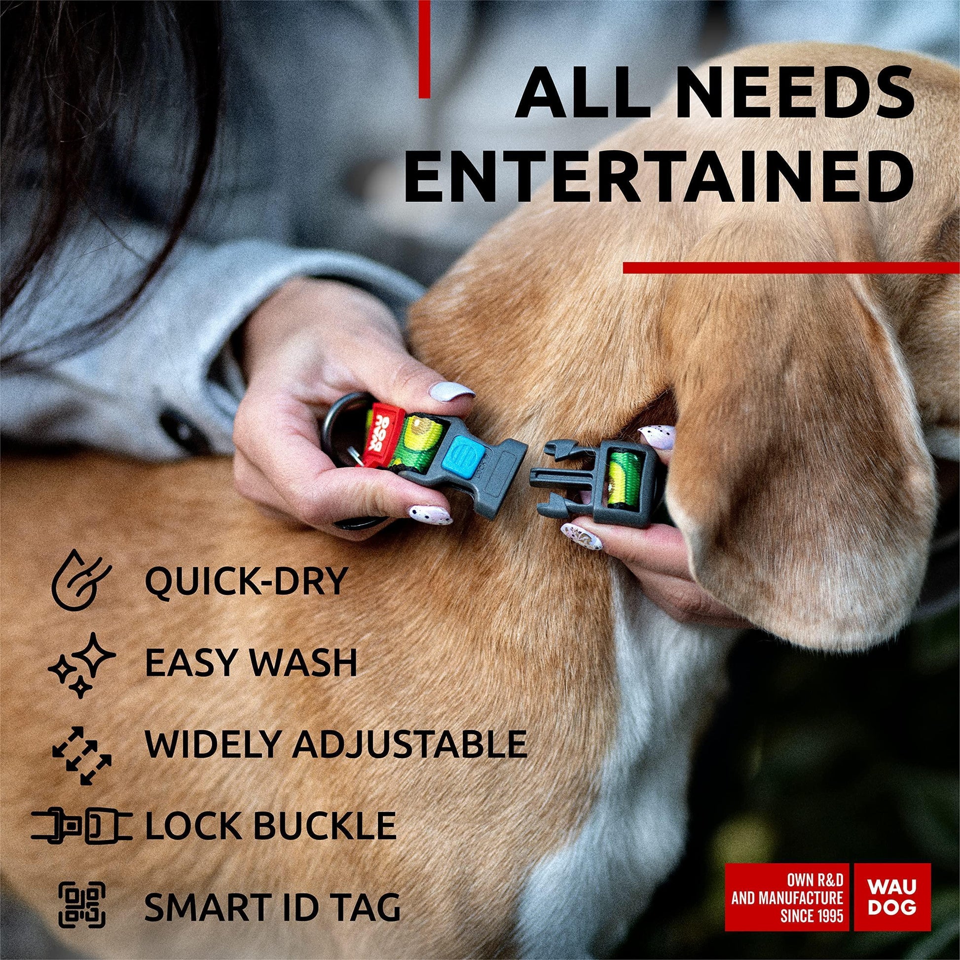 WAUDOG Nylon Adjustable Dog Collar with Durable Plastic Buckle and QR Dog Tag AVOCADO LARGE For Pet With Love