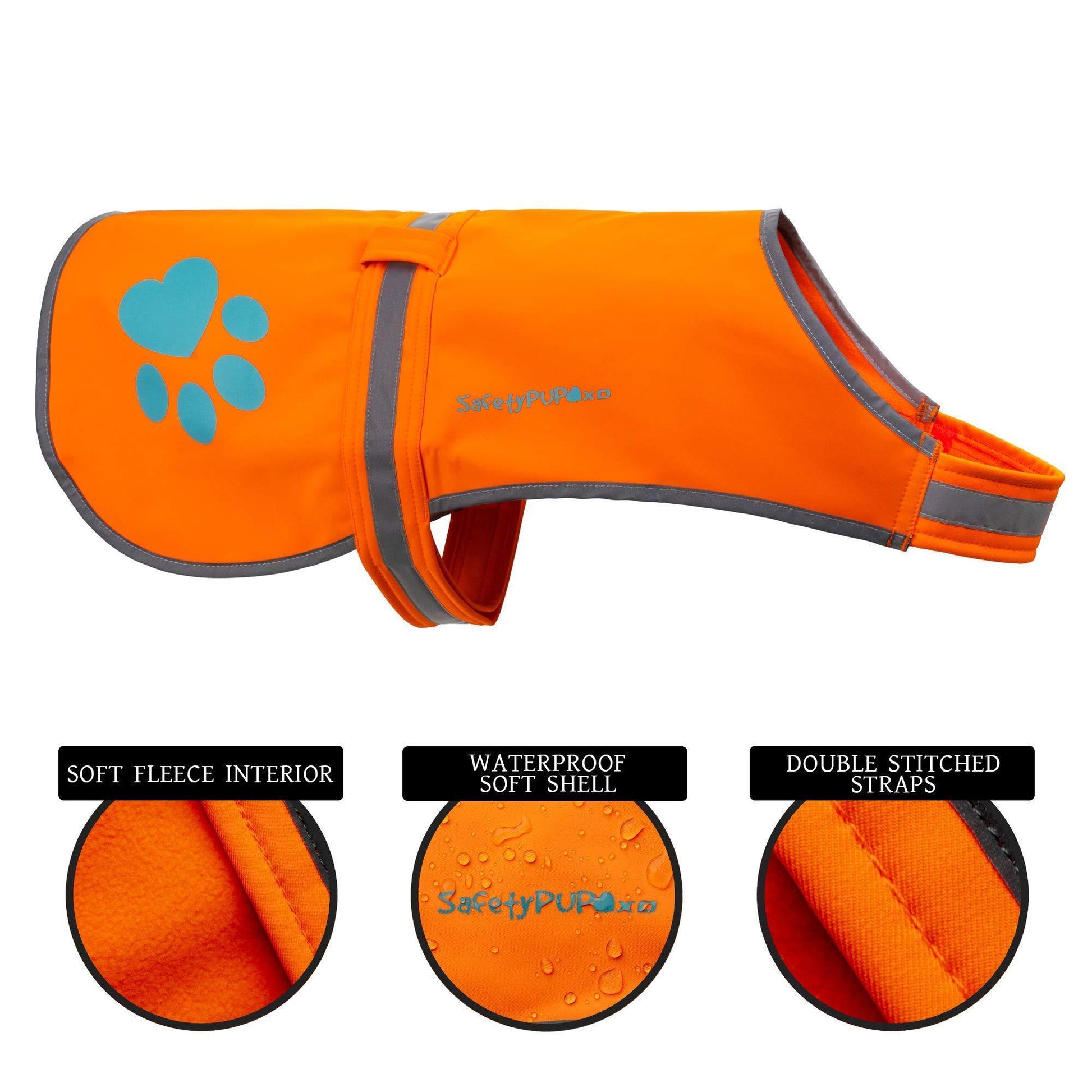 SafetyPUP XD Waterproof Hi Visibility Reflective Blaze Orange Dog Jacket with Light Fleece Lining LARGE For Pet With Love