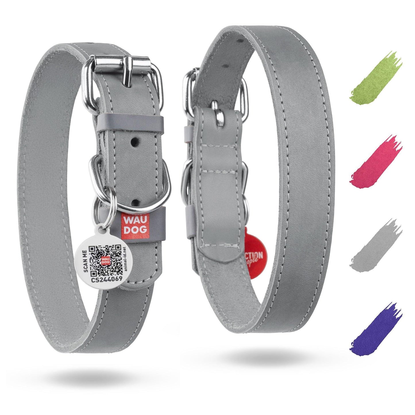 WAUDOG Long Lasting Leather Dog Collar with Durable Buckle D Ring & QR Dog Tag GRAY XLARGE For Pet With Love