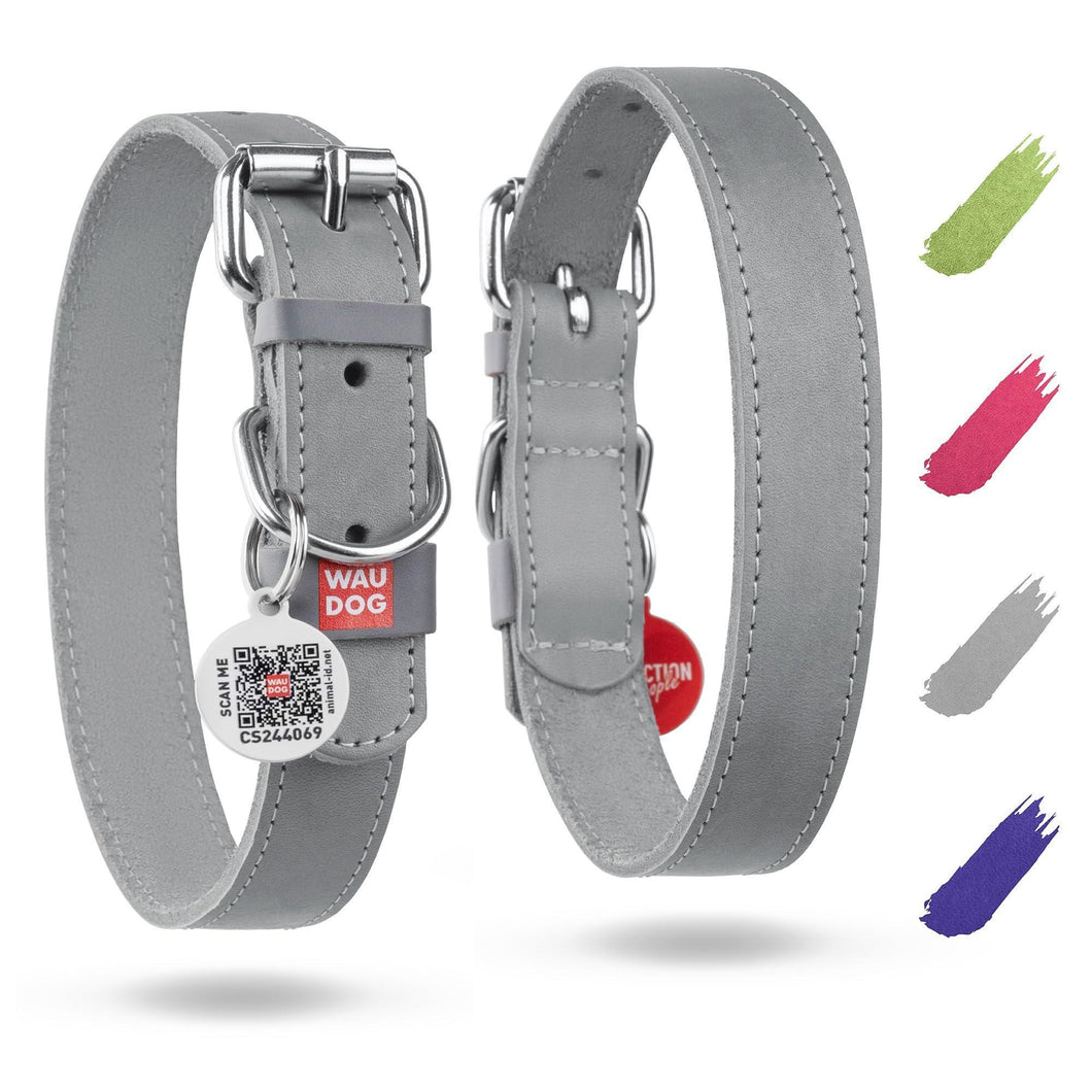 WAUDOG Long Lasting Leather Dog Collar with Durable Buckle D Ring & QR Dog Tag GRAY XLARGE