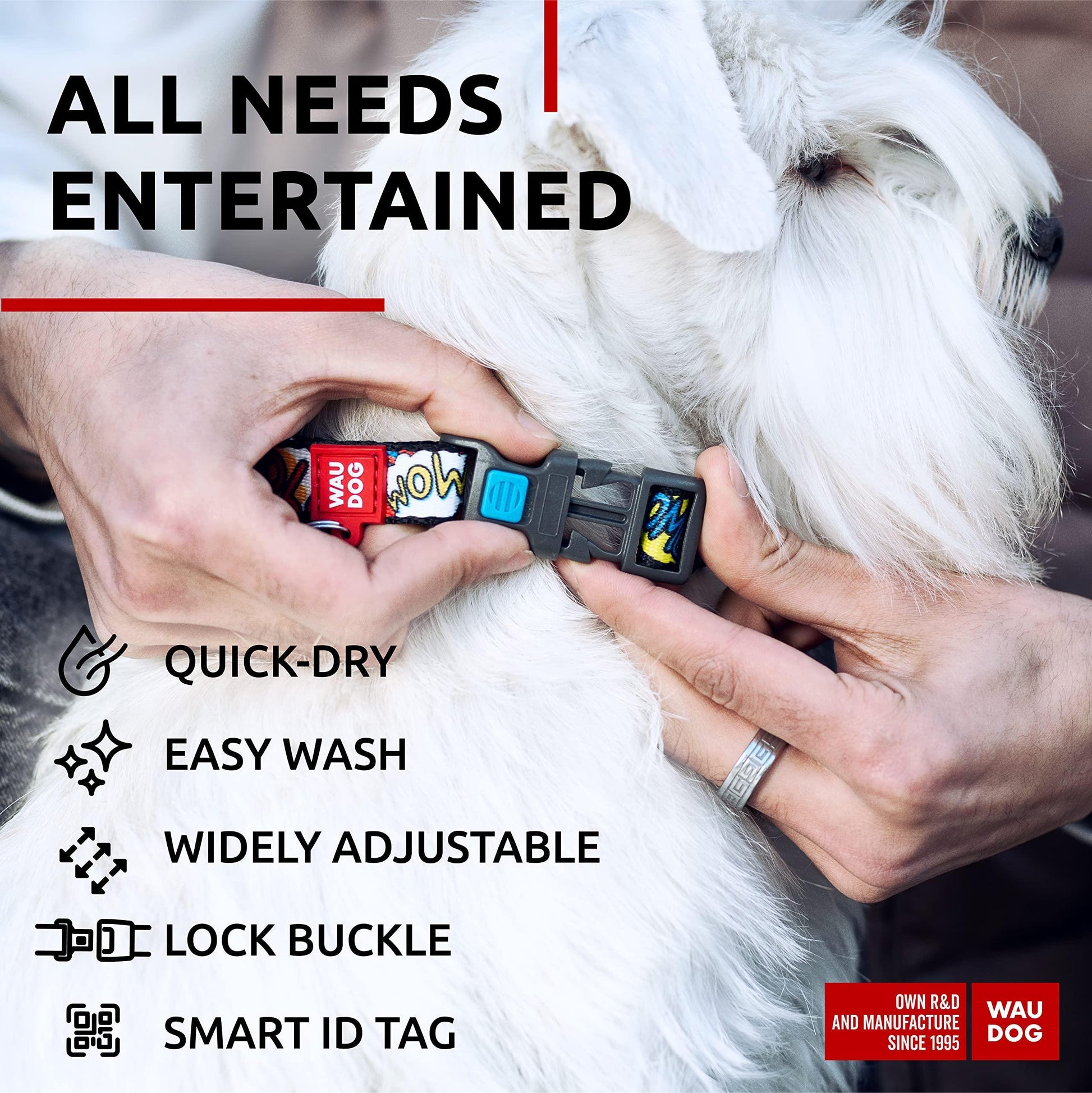 WAUDOG Adjustable Nylon Dog Collar with Durable Plastic Buckle and QR Dog Tag. LARGE (WOW! Print) For Pet With Love