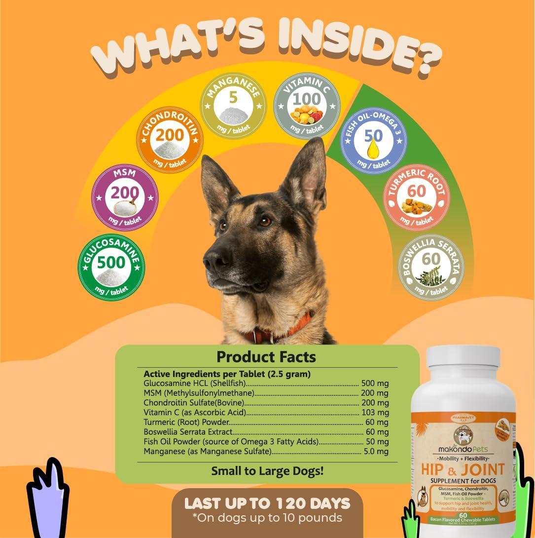 Makondo Pets Hip and Joint Supplement for Dogs with Glucosamine, Chondroitin, MSM & Turmeric For Pet With Love