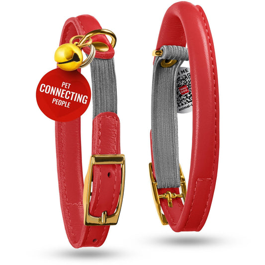WAUDOG Ultra Soft Rolled Leather Cat Collar with Removable Bell Safety Elastic Strap and QR ID Tag. Red. (SMALL) For Pet With Love