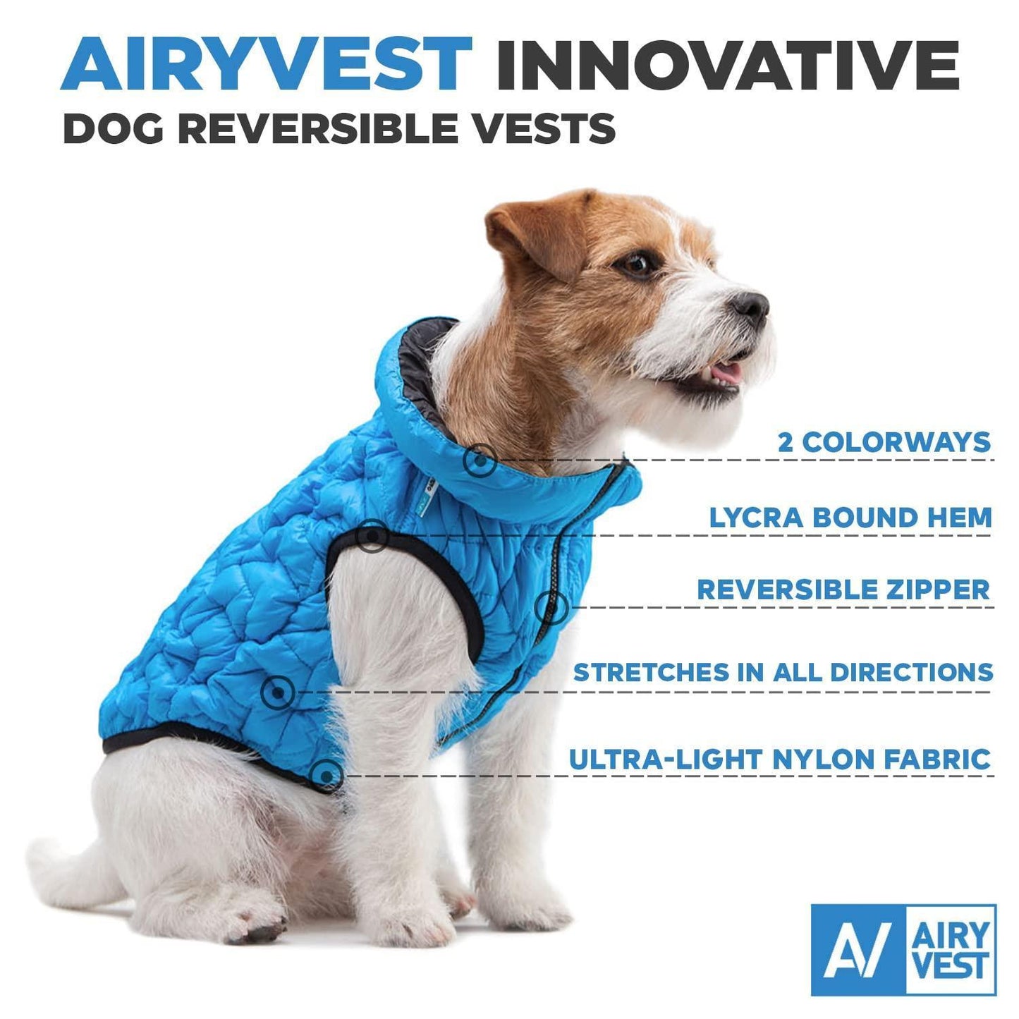AiryVest Lightweight Reversible Water Resistant Puffer Dog Jacket  LARGE  Blue/Black For Pet With Love