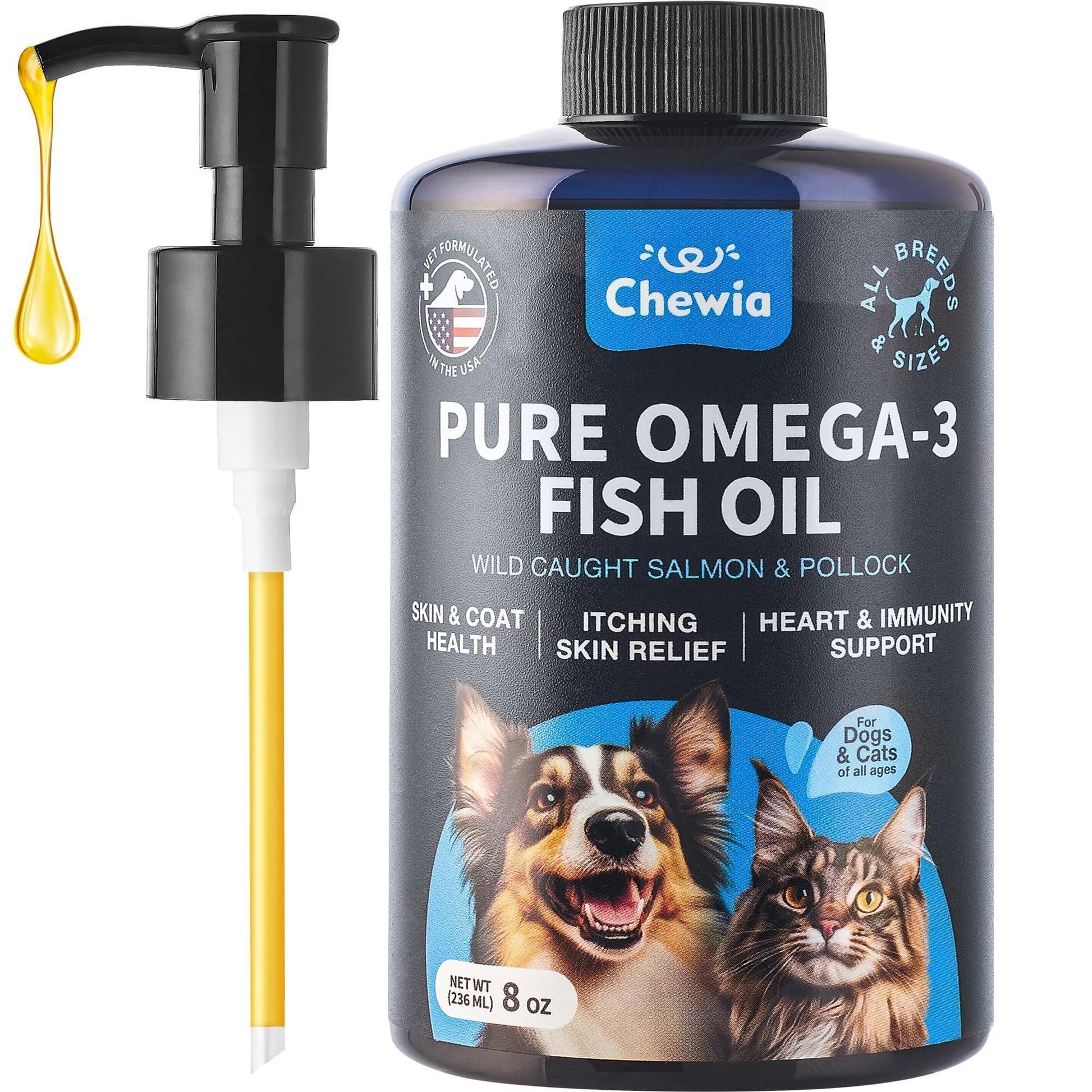 CHEWIA Pure Omega 3 Fish Oil Skin & Coat Supplementfor for Cats and Dogs - 8 oz For Pet With Love