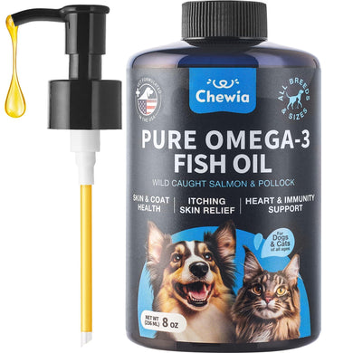 Chewia pure omega-3 fish oil bottle with pump for pets on a white background