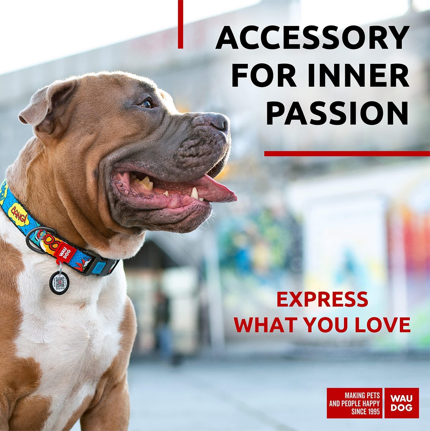 WAUDOG Adjustable Nylon Dog Collar with Durable Plastic Buckle and QR Dog Tag. LARGE (WOW! Print) For Pet With Love