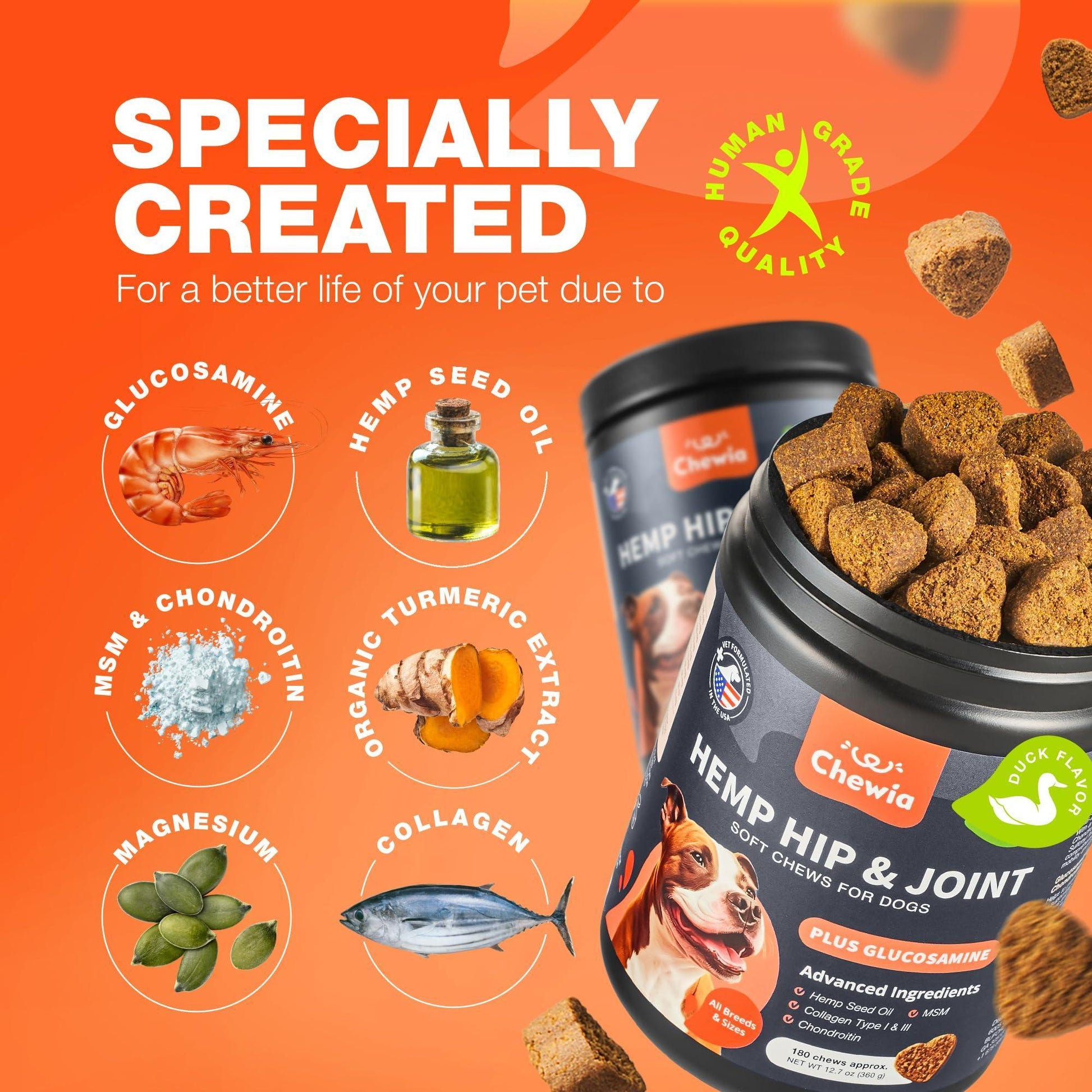CHEWIA Hemp Glucosamine Chondroitin Hip and Joint Supplement for Dogs 180 Ct For Pet With Love