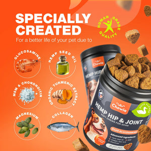 CHEWIA Hemp Glucosamine Chondroitin Hip and Joint Supplement for Dogs 180 Ct