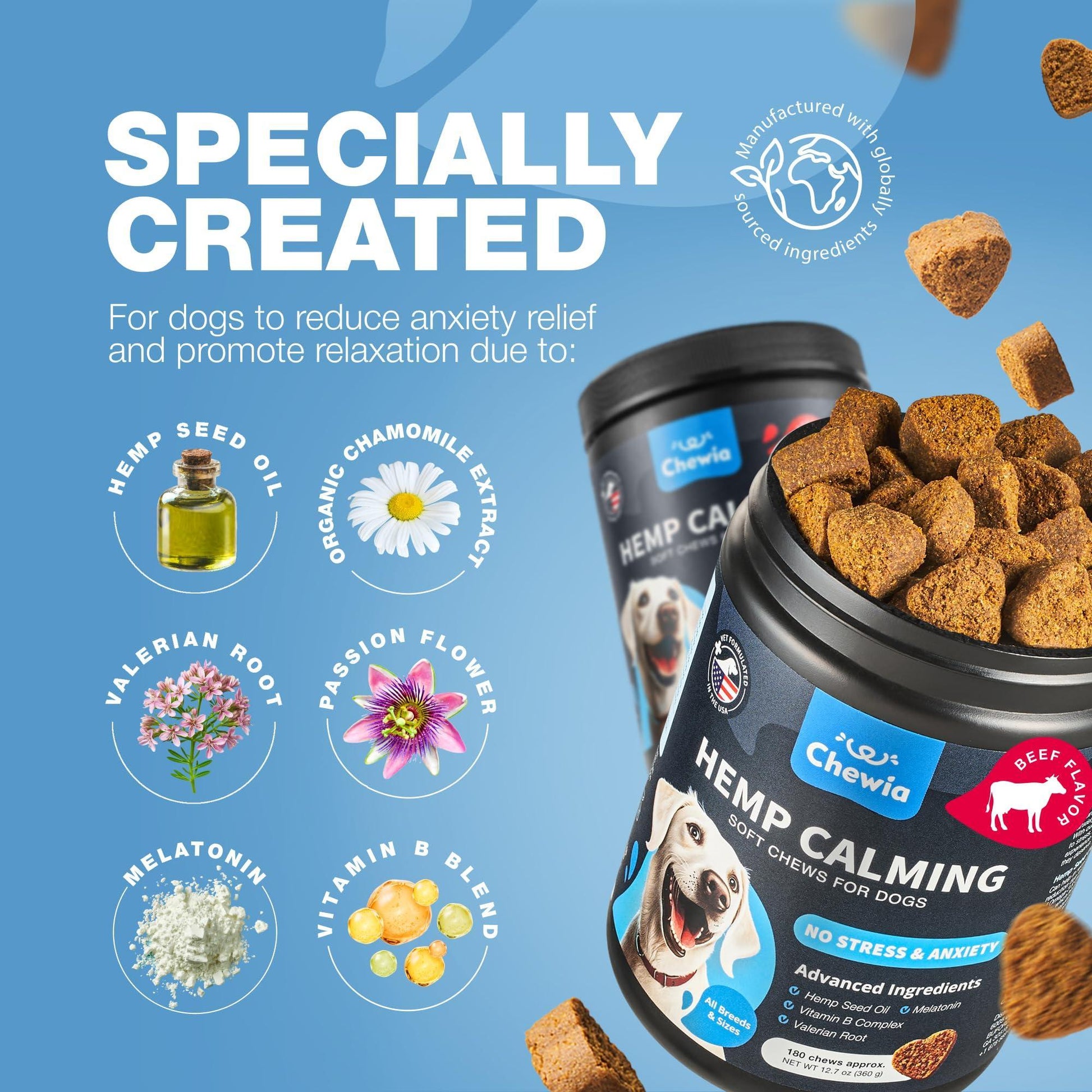 CHEWIA Hemp Calming Anxiety Relief Chews for Dogs 180 Chews For Pet With Love