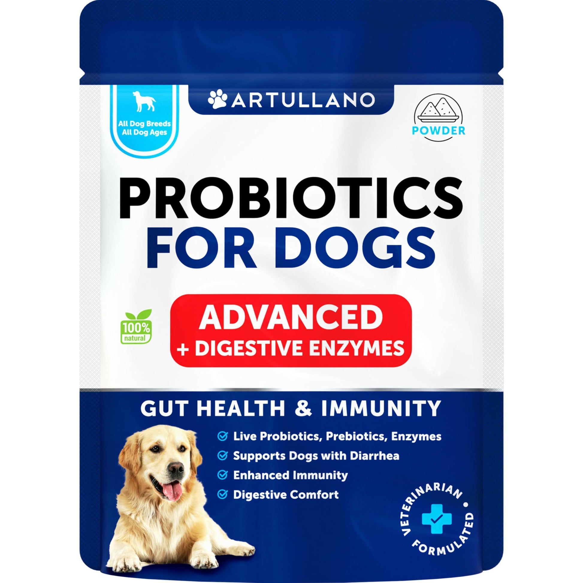 Artullano Dog Probiotics and Digestive Enzymes (30 Stick Powder Packets) For Pet With Love