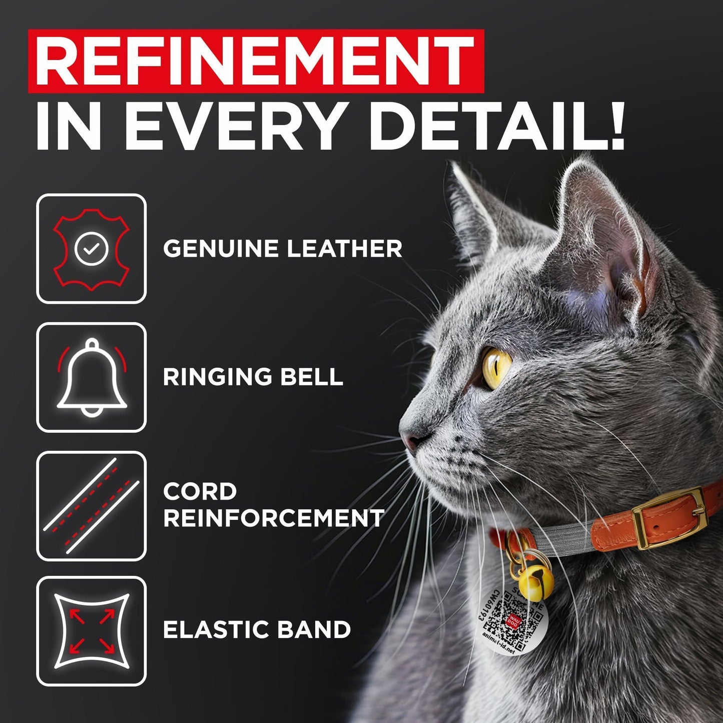 WAUDOG Ultra Soft Rolled Leather Cat Collar with Removable Bell Safety Elastic Strap and QR ID Tag. Orange. (SMALL) For Pet With Love