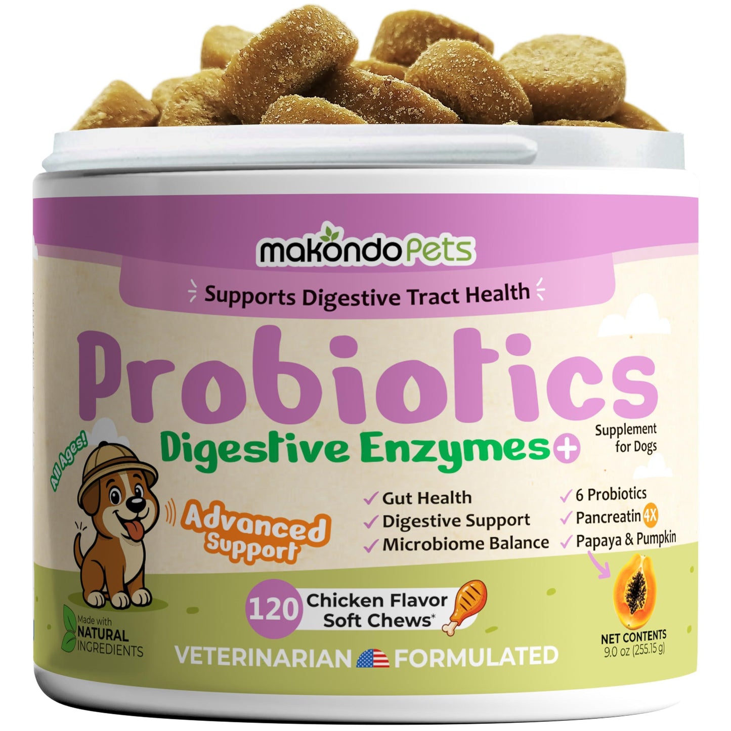Makondo Pets Digestive Enzymes Probiotics Advanced Supplement Support for Gut Health, Gas, Diarrhea & Constipation Relief  120 Chews. Chicken Flavor For Pet With Love