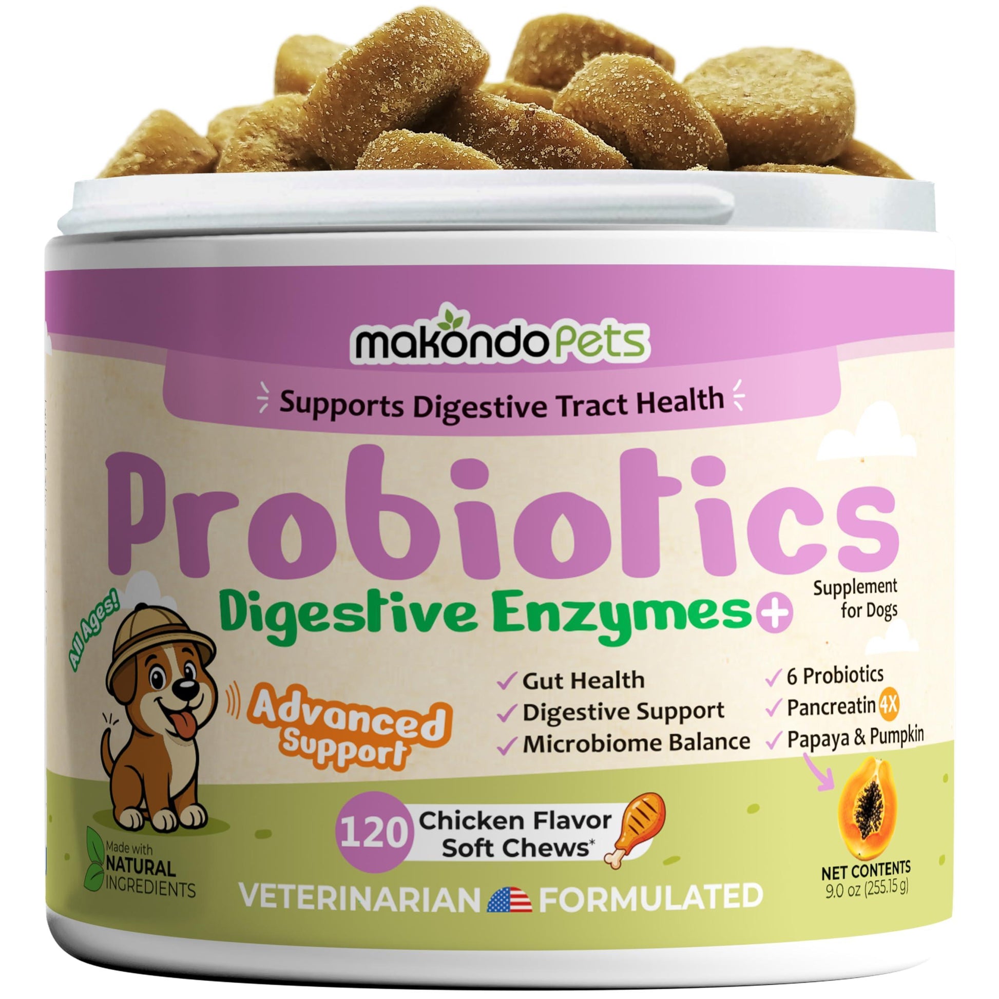 Makondo Pets Digestive Enzymes Probiotics Advanced Supplement Support for Gut Health, Gas, Diarrhea & Constipation Relief  120 Chews. Chicken Flavor For Pet With Love