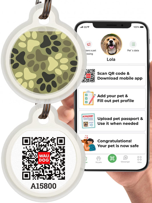 WAUDOG Silicone QR Code Pet ID Tags for Dogs & Cats (Camo Large) For Pet With Love