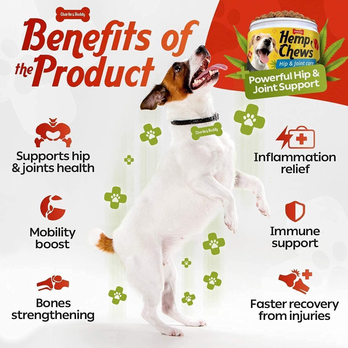 Charlie and Buddy Hemp Dog Hip and Joint Supplement w/Glucosamine Chondroitin 120 Ct For Pet With Love