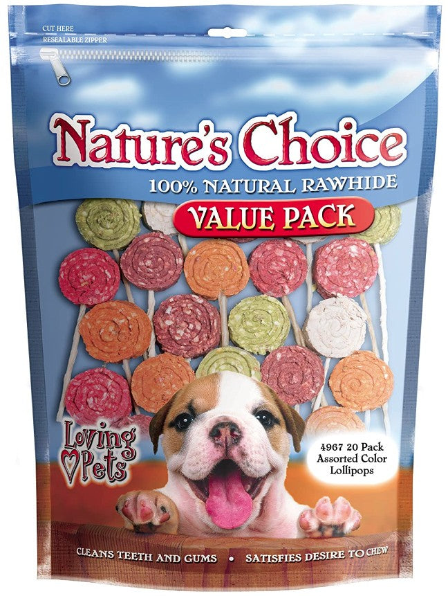 Loving Pets Natures Choice Rawhide Lollipop Dog Treats Assorted Colors